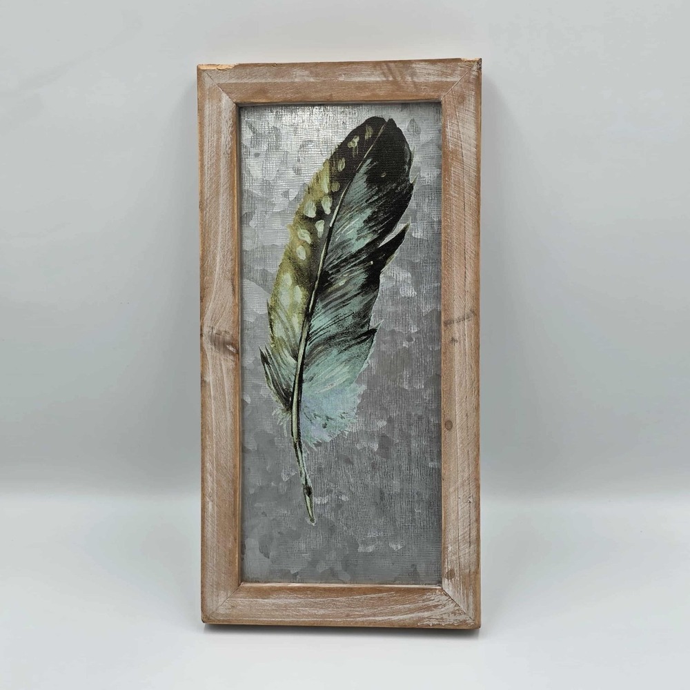 Uniquely Painted Feather Trio on Metal and Rustic Wood Framed Wall Art - Picture 7 of 16